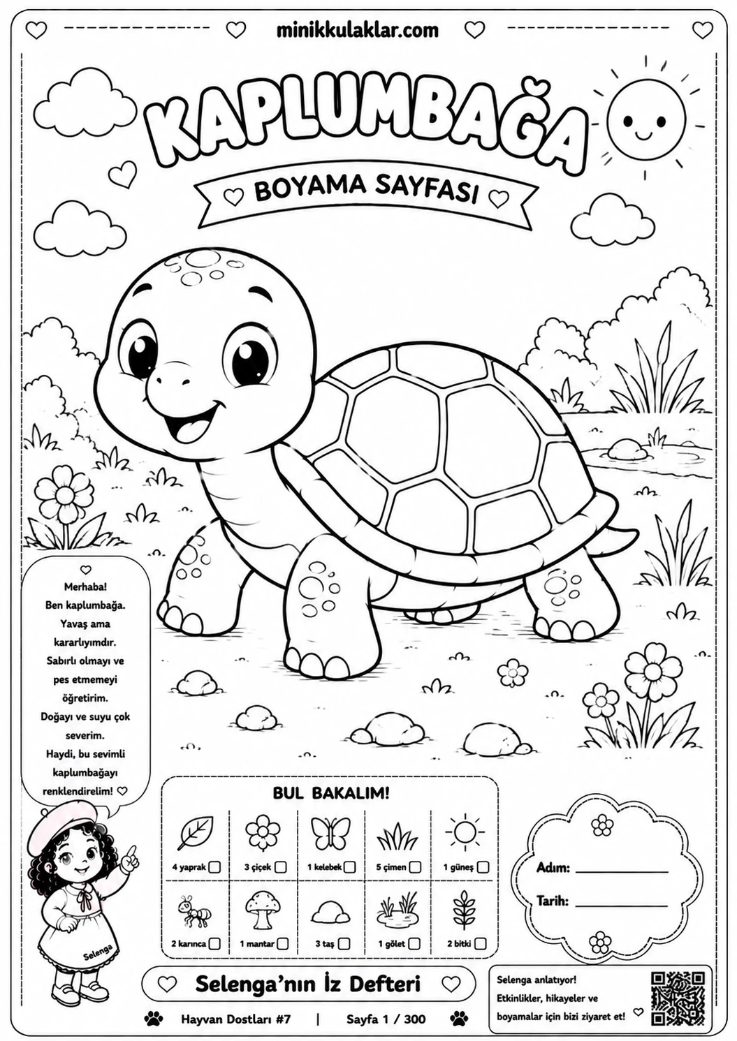 Kaplumbağa Boyama Sayfası (Ücretsiz PDF İndir ve Yazdır)